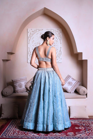 Back look showing blouse design powder blue gota patti lehenga choli set in cosmos silk, Ghazal women’s bridal lehenga with elegant detailing, ideal for weddings and festive occasions.