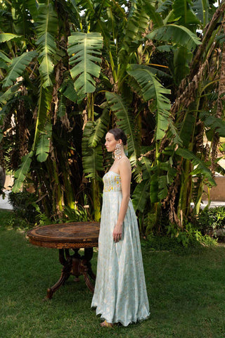 Powder Blue Banarasi Zari Jumpsuit with Hand Embriodered colourful Floral Lines is a perfect dress from cocktail or New Year's party, Christmas parties or formal theme party