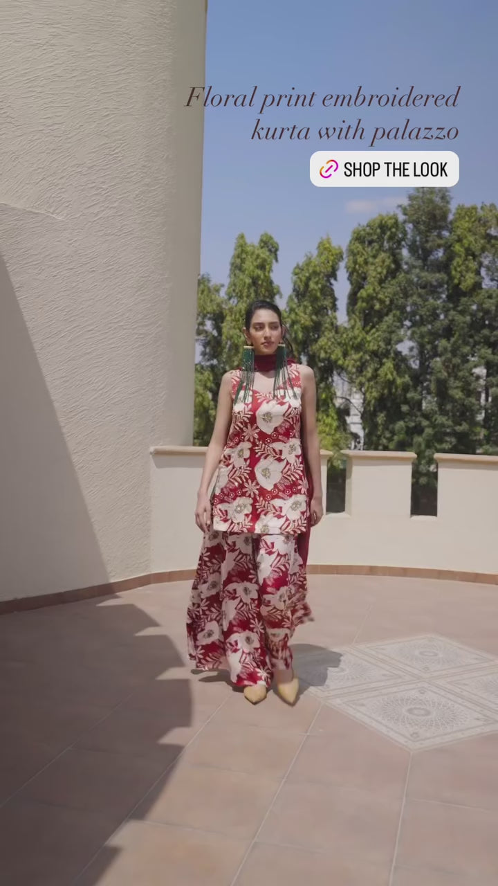 Floral print embroidered designer kurta with palazzo designed by Ease. Perfect dress for Indian ceremonies, Wedding Welcome party, Evening outings with friends.
