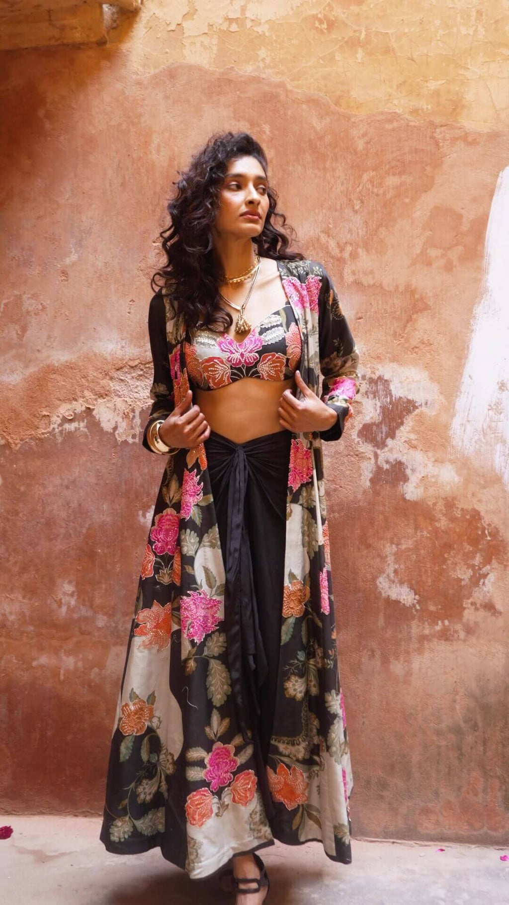 Luxury Black floral kaftan by Paulmi & Harsh, ideal for resort holidays, beach brunches, birthday celebrations, Hans Party, Girls night out and chic clubwear by the sea.
