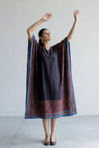 Prithvi black, red and indigo maze print cotton freesize kaftan dress, boho ajrakh - full maze print border