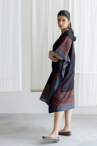 Prithvi black, red and indigo maze print cotton freesize kaftan dress, boho ajrakh - side drape