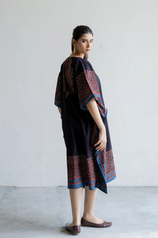 Prithvi black, red and indigo maze print cotton freesize kaftan dress, boho ajrakh - side view