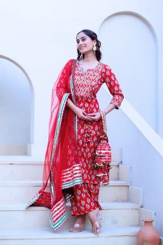 Red cotton hand block kurta set with gota patti work and net dupatta, women’s ethnic wear outfit with traditional print, fully stitched festive and casual suit set for summer styling.