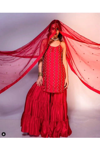 Red Sharara Designer Ethnic wear for traditional events and celebrations. Perfect for weddings, parties, diwali festivities and ceremonies.