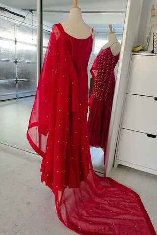 Red Sharara women clothing ethnic designer wedding ceremony pooja dress comes with dubatta. A complete set.