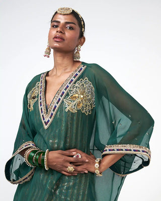 Close-up of hand embroidery and embellished detailing on the organza jacket panel.