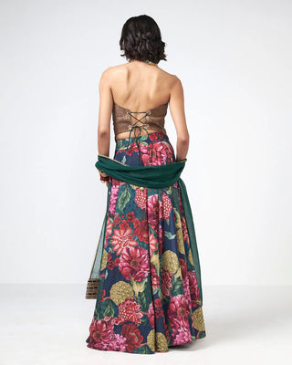 Back look of the bottle green embroidered corset set highlighting its refined silhouette.