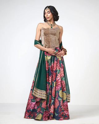 Bottle green Sunheri Corset Set crafted in crepe with hand embroidery and scattered sequin detailing, perfect for wedding and festive occasions. Designed by Rishi and Vibhuti.