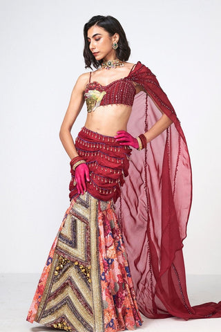 Premium Cherry Dilkhush designer set featuring a cherry-colored crepe skirt, embroidered blouse, and organza drape with sparkling scattered sequins. This sophisticated outfit is ideal for wedding functions, festive gatherings, receptions, and elegant celebrations.