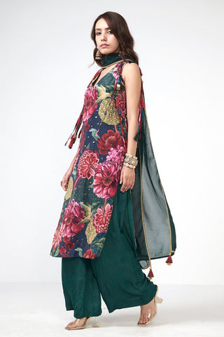 Contemporary bottle green festive kurta set crafted in soft crepe fabric with elegant applique detailing designed for festive and occasion wear.