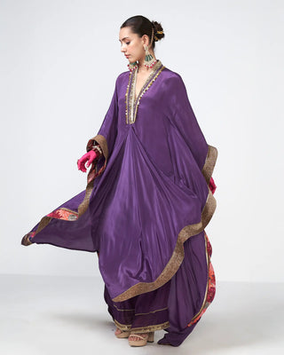 Violet Jamun Kaftan Set crafted in crepe with applique work detailing, styled for wedding and festive occasions.