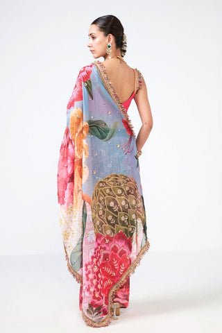Women's Phool Bagh saree by Rishi and Vibhuti crafted in premium organza with delicate floral embroidery, fine handcrafted embellishments, and a coordinated blouse, creating an elegant designer ethnic look for festive and wedding wear.