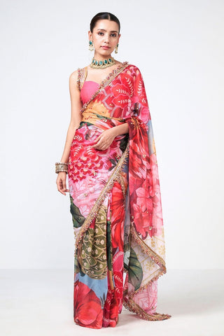 Designer Phool Bagh saree by Rishi and Vibhuti featuring handcrafted floral embroidery on sheer organza fabric with refined detailing and an embroidered blouse, offering timeless elegance for women's ethnic fashion, receptions, and festive events.