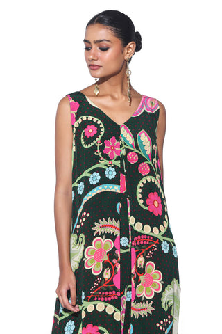 Close up of Emerald Accent Royal Paisley Inverted Box Pleat, Wide Leg Jumpsuit.