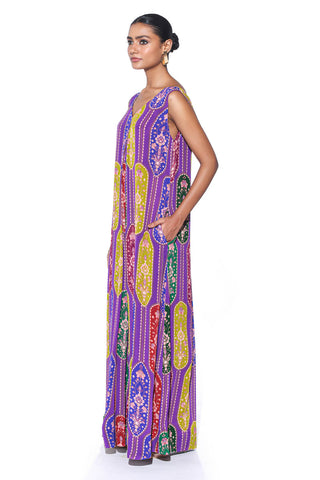 Violet, Multi Color Paisley Wide Leg Jumpsuit featuring, structured pleats, and flowing wide-leg pants. Rich hues ensure both comfort and a statement look.