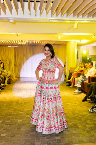 Grey Paisely Rop Top and Skirt. Scuba, Dupion fabric dress at Australian Fashion Grandeur Show.