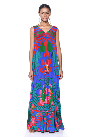Electric Blue Royal Paisley Inverted Box Pleat Wide-Leg Jumpsuit by designer Siddharth Bansal, featuring vibrant ethnic prints, structured pleats, and flowing wide-leg pants - blending tradition with contemporary fashion.