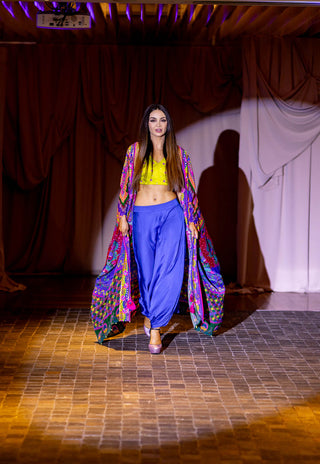 Australian Fashion Grandeur Model walking the runway in multi pattern oversized embroidered shrug set Bohemian Soul Style. Ethnic modern Jacket set with crop top and pant.