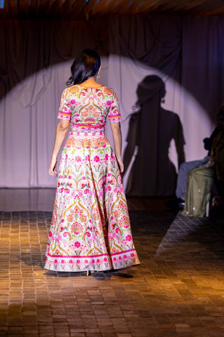 Back shot of model in Grey Paisely Rop Top and Skirt. Ethnic glamour at Australian Fashion Grandeur Show.