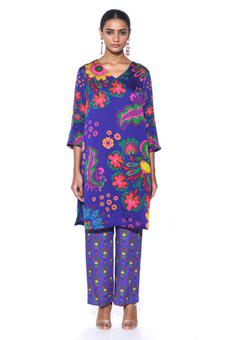 Twilight blue colorful paisley print kurta set for a chic and effortless look. Perfect for festive wear, Cocktail parties, Resort, Lounge wear casual elegance, and modern ethnic styling. Designed by Siddharth Bansal.