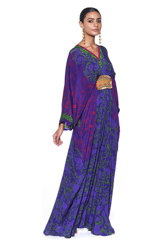 Purple neon green Paisley Print, Pleated designer Kaftan with Hand Bead Embroidery. A Vibrant Indo-Western Fusion Dress for Resort Wear, Cocktail Parties, and Bohemian Ethnic Fashion. Designed by Siddharth Bansal