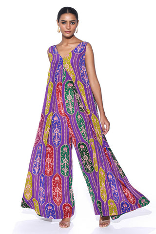 Violet, Multi Color Paisley Inverted Box Pleat, Wide Leg Jumpsuit featuring vibrant ethnic prints, structured pleats, and flowing wide-leg pants - blending tradition with contemporary fashion. Designed by Siddharth bansal.