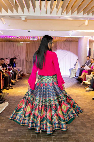 Back shot highlighting Pink Chintz Running Crop Top, And Chintz Bagh Skirt at the Australian Fashion Grandeur runway. Wedding Festivities, Formal Events.