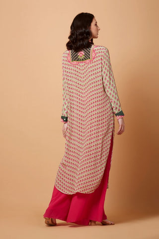 Back look of Cream running boota print shirt dress with a green floral centre panel, SB signature detailing, and a mandarin collar, styled as a contemporary ethnic fusion outfit. 