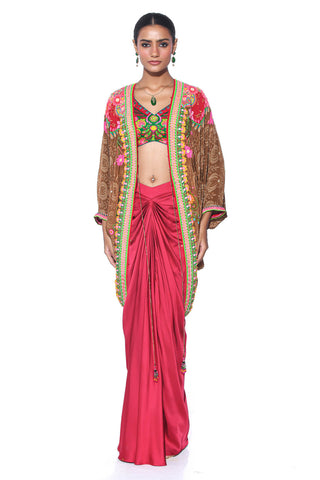 Earthy Brown And Red Border Hand Embroidered Shrug, Crimson Cranberry Red Printed Sleeveless Blouse, Velvet Dream Red Drape Skirt. Crepe and satin gypsy dress and bohemian women's fashion for cocktail parties, festive gatherings, or resort wear.