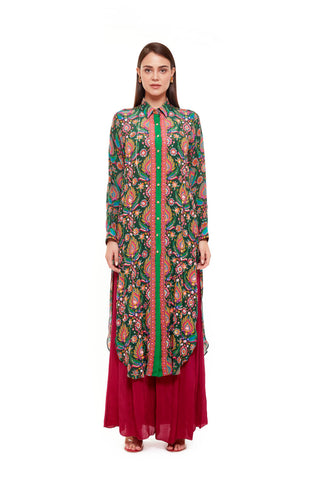 Green Pink Embellished Paisley Printed Shirt dress for Wedding Festivities, Formal Events, Casual Outings, Celebrations Evening Parties. Trendy Ethnic, Chic and stylish women's wear. Designed by Siddhartha Bansal.