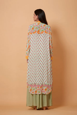 Back look of grey and orange mandarin collar shirt dress styled with green pants. Perfect for Wedding Festivities, Formal Events, Casual Outings, Celebrations, Evening Parties.