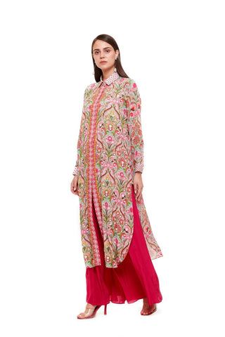 A sophisticated grey paisley printed shirt dress enhanced with delicate embellishments, creating a timeless and contemporary fashion statement.