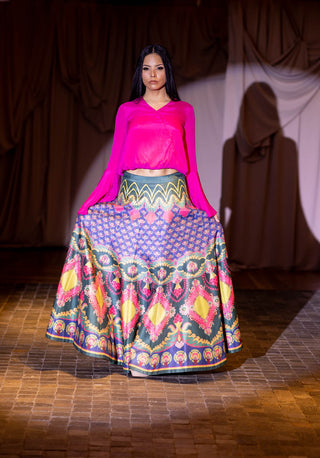 Model wearing Pink Chintz Running Crop Top, And Chintz Bagh Skirt at the Australian Fashion Grandeur runway. Wedding Festivities, Formal Events.