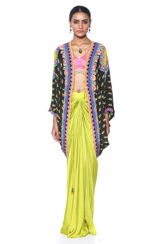 Dark Olive and pink Hand Embroidered Shrug, Pink Printed Sleeveless Blouse, Neon Green Drape Skirt. Crepe and satin gypsy dress and bohemian fashion for cocktail parties, festive gatherings, or resort wear.