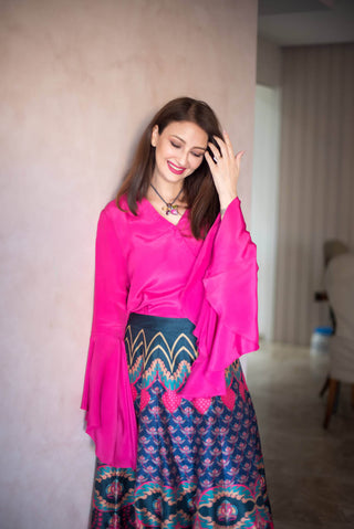 Pink Chintz Running Crop Top, And Chintz Bagh Skirt for Wedding Festivities, Formal Events, Casual Outings, Celebrations, Cocktail Parties. Trendy Ethnic, Chic and stylish women's wear. 