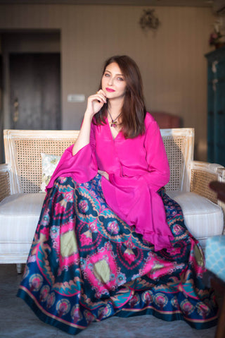 Close up look of Pink Chintz Running Crop Top, And Vibrant Chintz Bagh Skirt Perfect for Mehendi and Sangeet Nights Wedding, Formal Events, Casual Outings, Celebrations, Cocktail Parties. Trendy Ethnic, Chic and stylish women's wear. 