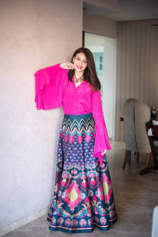 Pink Chintz Running Crop Top, And Vibrant Chintz Bagh Skirt Perfect for Mehendi and Sangeet Nights Wedding, Formal Events, Casual Outings, Celebrations, Cocktail Parties. Ethnic, Chic and stylish women's wear. 