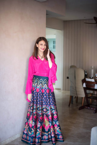 Pink Chintz Running Crop Top, And Vibrant Chintz Bagh Skirt Perfect for Mehendi and Sangeet Nights Wedding, Formal Events, Casual Outings, Celebrations, Cocktail Parties. Trendy Ethnic, Chic and stylish women's wear. 