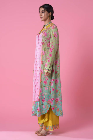 Side look of Turquoise Ombre, Baby Pink Statement Floral Embellished Shirt Dress for Wedding Festivities, Formal Events, Casual Outings, Celebrations
Evening Parties. Trendy Ethnic, Chic and stylish women's wear. 