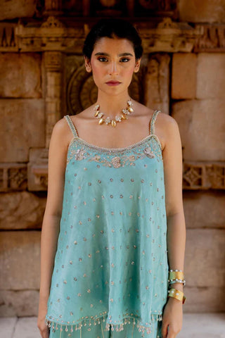 The close up look sky-blue flared top, hand embroidered with resham, dori, sequins and pearls in zari tissue base. It has a fit n flare look with noodle straps at the shoulder.