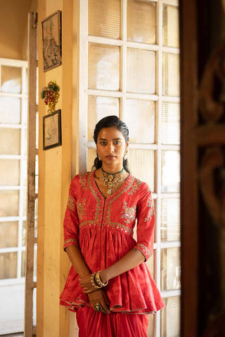 Close up look of Sunheri Russian Jacquard Peplum Set with Drapped Skirt