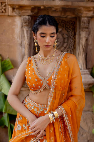 The close up look of a matching hand embroidered tangerine sleeveless blouse in silk with deep V-neckline.