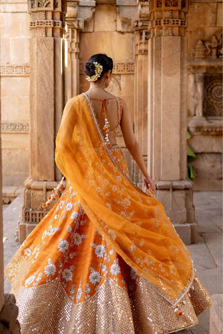 The back look of the blouse and lehenga with dupatta.