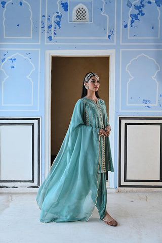 Turquoise blue embroidered short kurta with dhoti set. Traditional festive wear for all occasions. A perfect traditional ethnic dress for wedding ceremonies or events, party wear outfits for women.