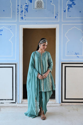 Turquoise blue embroidered short kurta with dhoti and dupatta. traditional festive wear for all occasions. A perfect traditional ethnic dress for wedding ceremonies or events, party wear outfits for women/ladies.