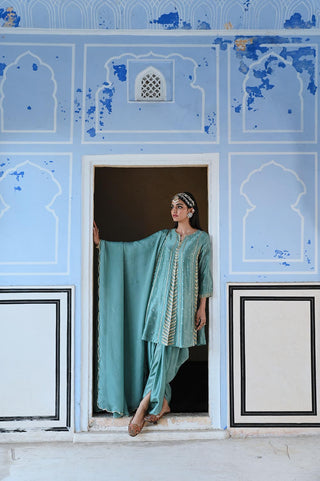 Turquoise blue embroidered short kurta with dhoti and dupatta. traditional festive wear for all occasions. A perfect traditional ethnic dress for wedding ceremonies or events, party wear outfits for women.