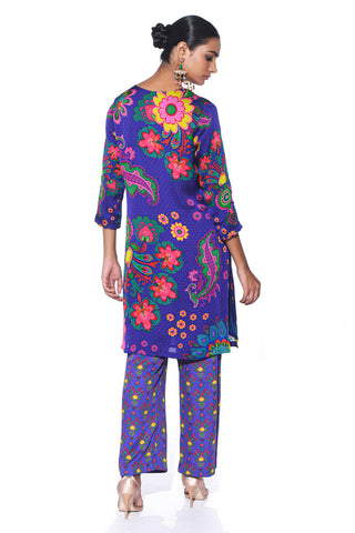 Back look of twilight blue colorful paisley print kurta set for a chic and effortless bohemian look. Perfect for festive wear, Cocktail parties, Resort, Lounge wear casual elegance, and modern ethnic styling.