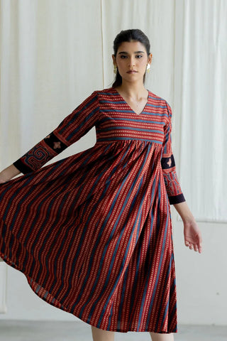 Veha red and indigo striped cotton V-neck flared midi dress, boho festive - festive swing