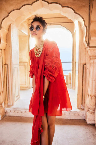 Indo-western casual summer dress in silk organza fabric, vermilion colour with scarf